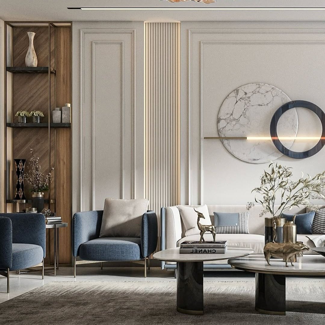 Living room wall featuring classic molding, a vertical fluted panel, and circular marble wall art.