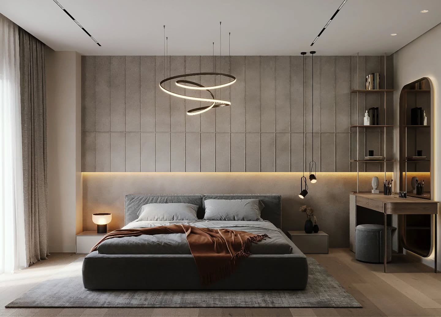 Grey industrial bedroom featuring a horizontal LED strip on the accent wall and a spiral chandelier.