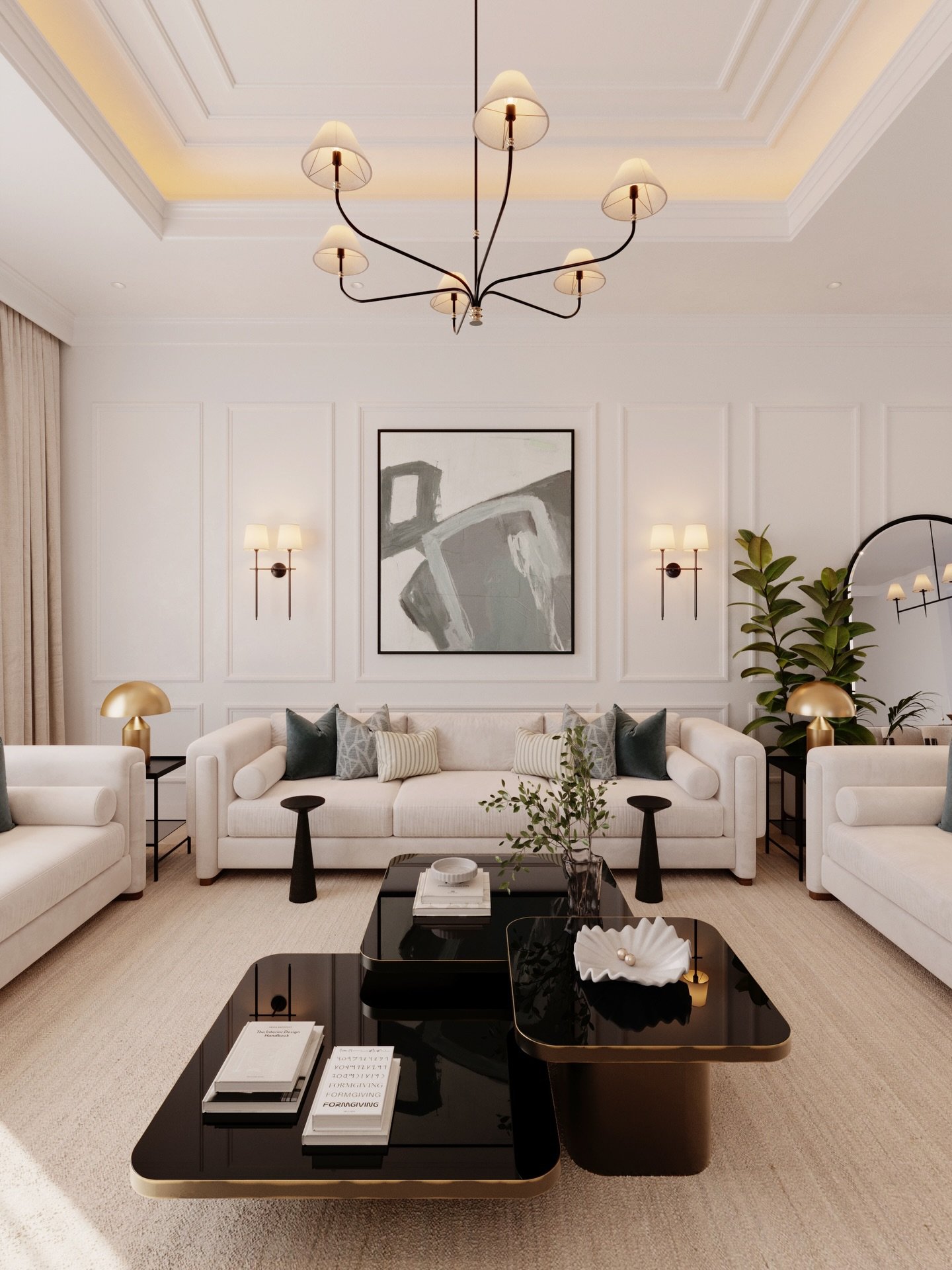 Bright living room with white wainscoting on the accent wall, featuring a large abstract painting flanked by two wall sconces and a central chandelier.
