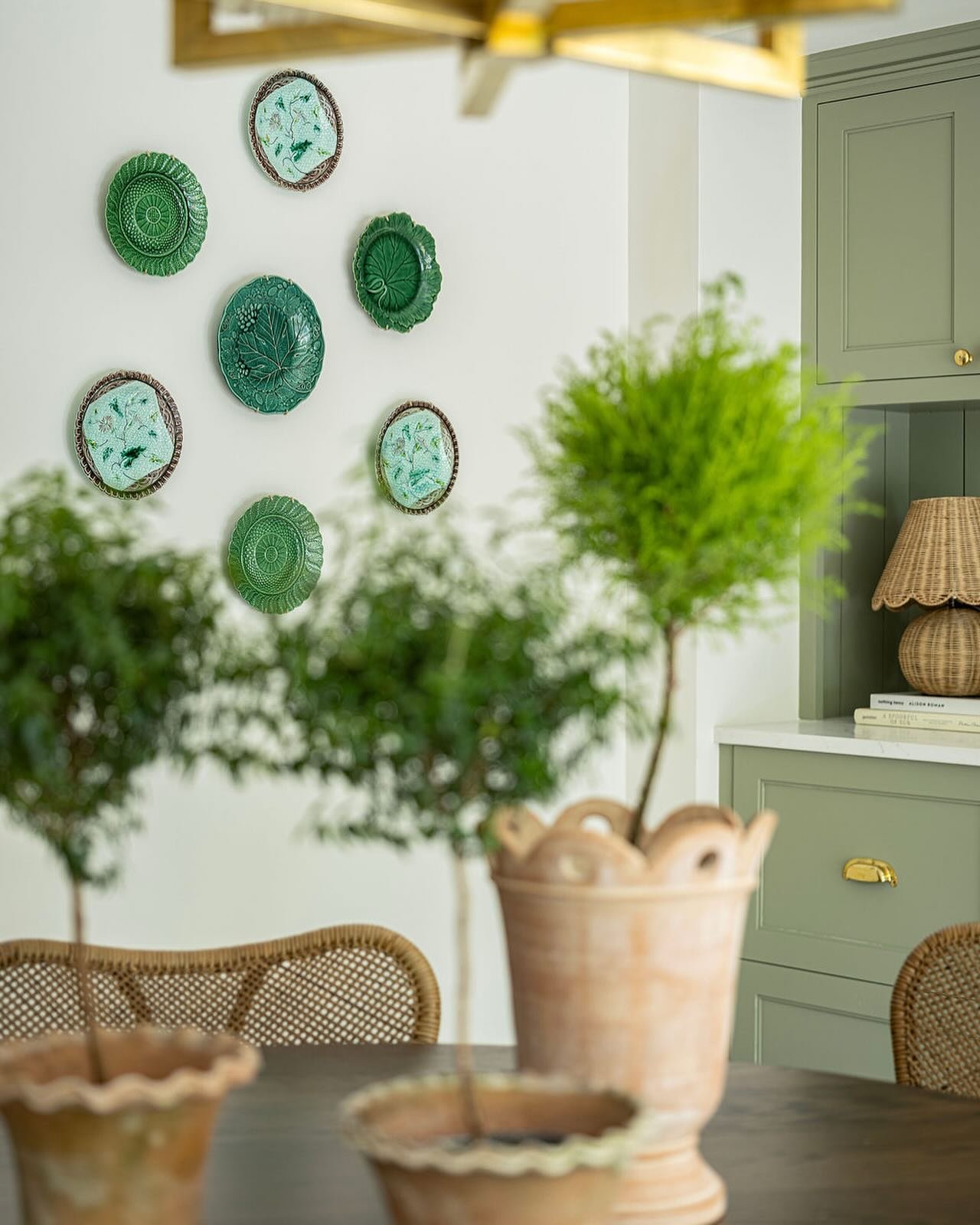 White wall featuring a cluster of green majolica and leaf-patterned plates near sage green cabinets