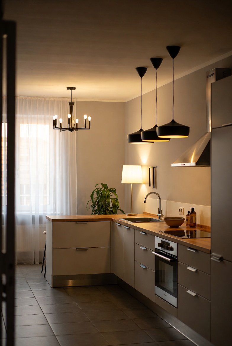 Kitchen featuring black dome pendants over wooden counters and a classic chandelier in the background.
