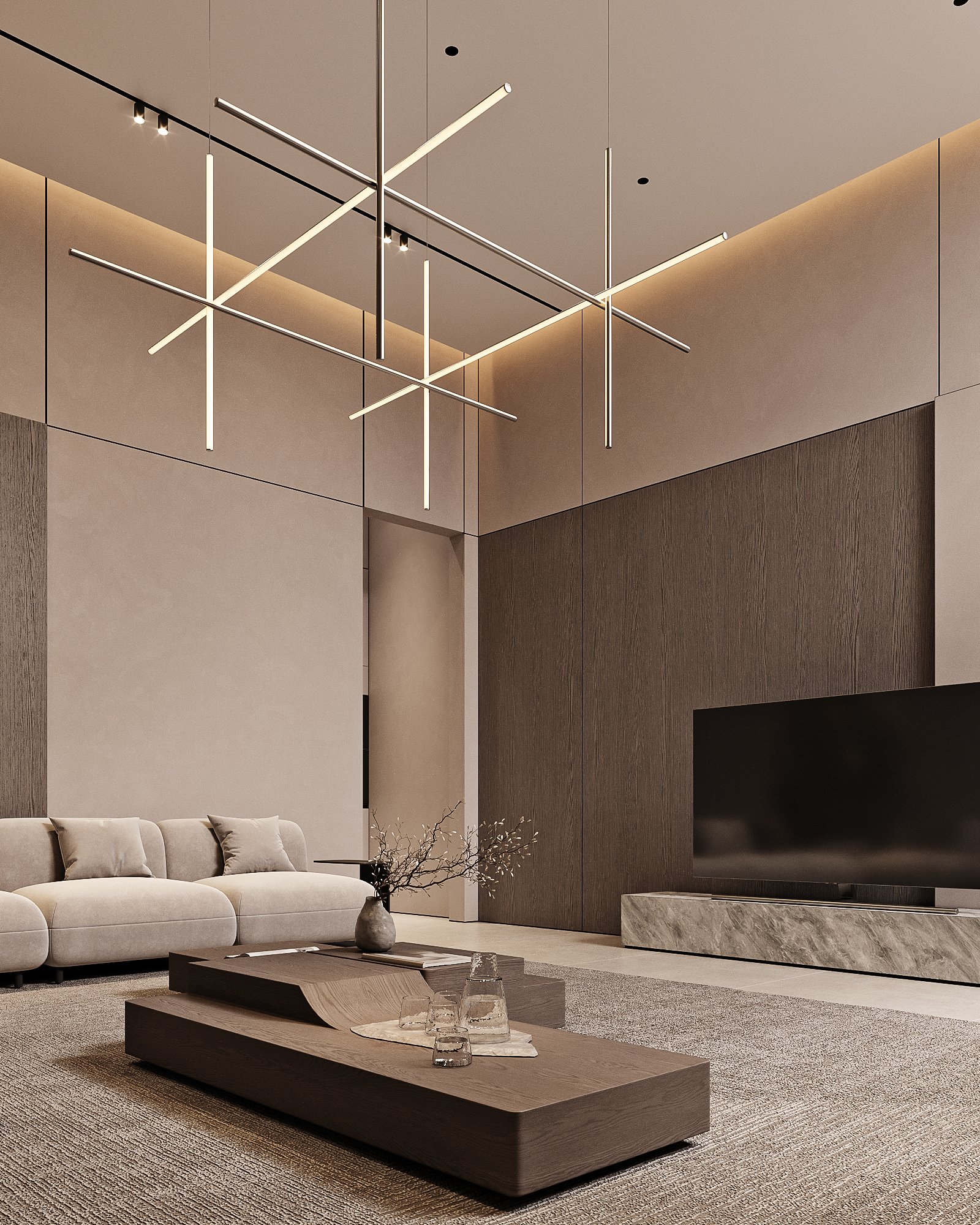Minimalist living room featuring a suspended grid of intersecting linear tube lights above a beige sectional.