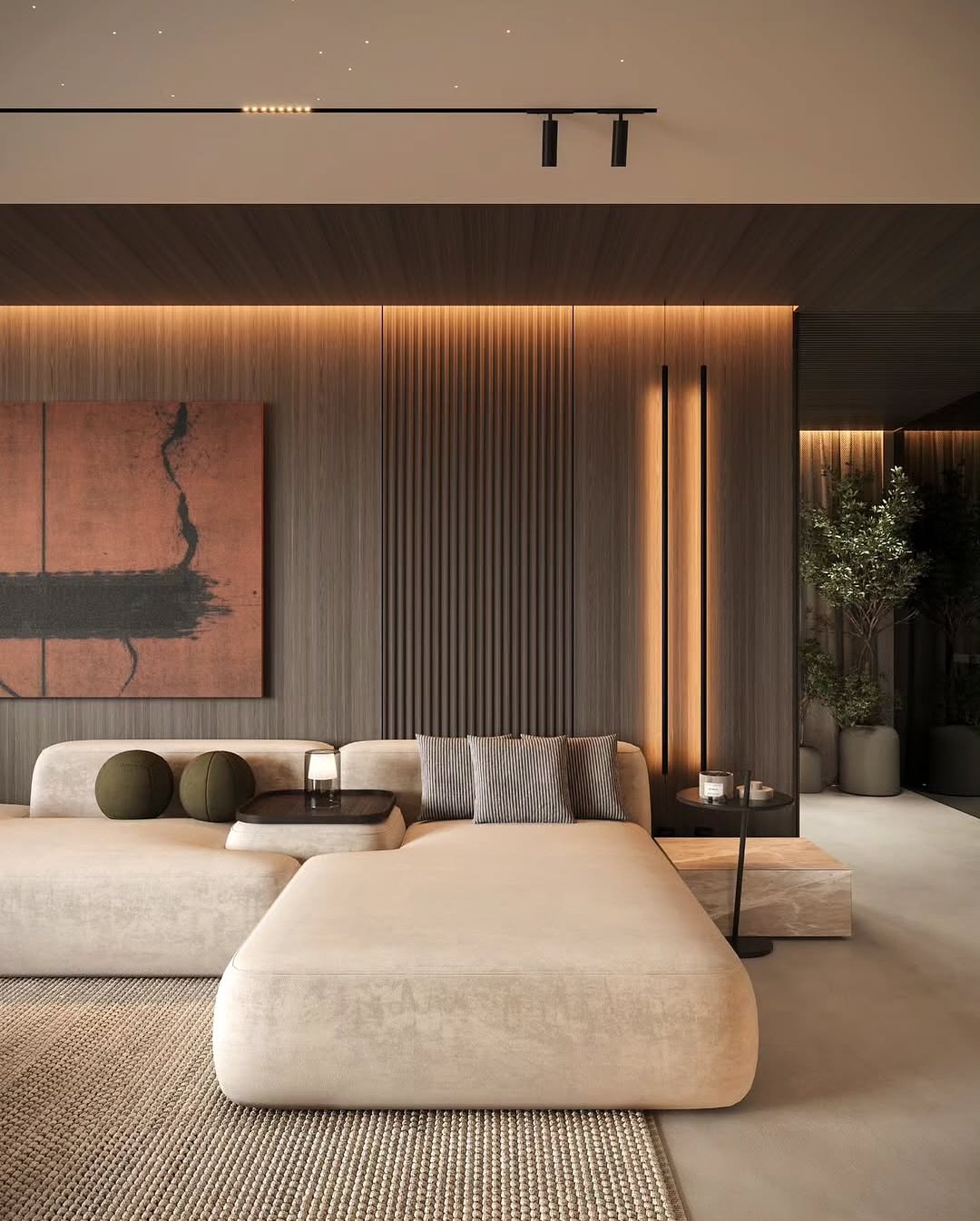 Modern living room featuring a dark wood accent wall with vertical slats, illuminated by warm upper strip lighting and two slender vertical pendant lights.