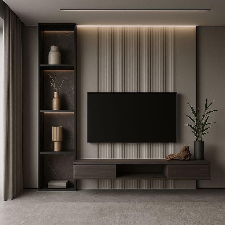Beige fluted TV wall panel with dark floating shelves and vertical storage.