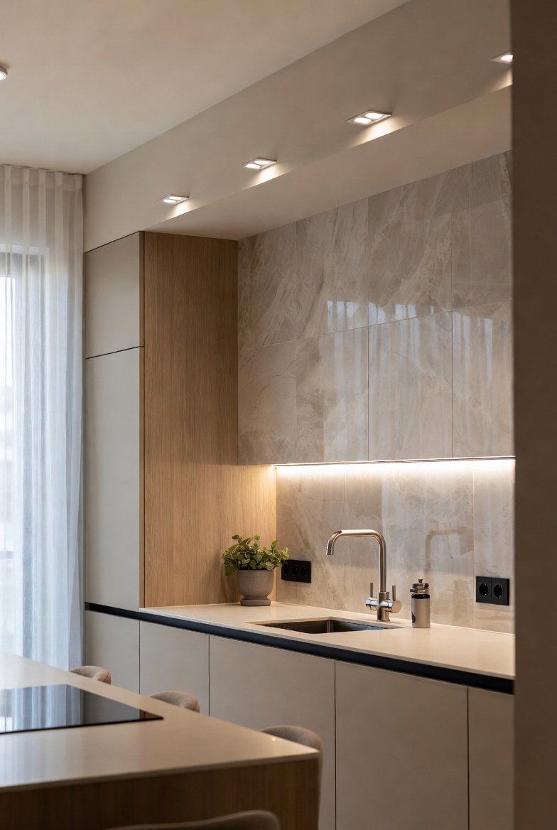Modern kitchen featuring square ceiling downlights and under-cabinet LED strips illuminating a marble backsplash.