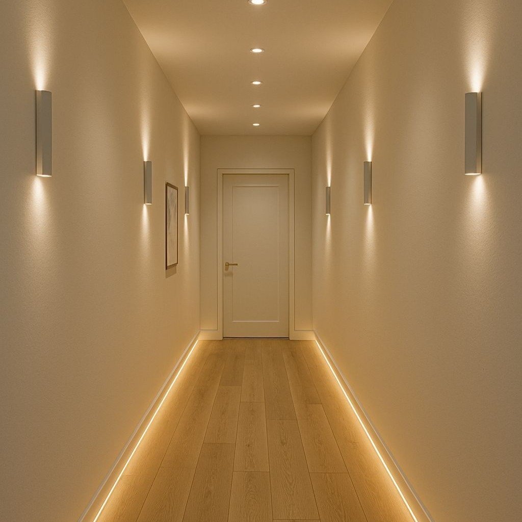 Long hallway with warm LED strip lights running along the floor baseboards and matching wall sconces.