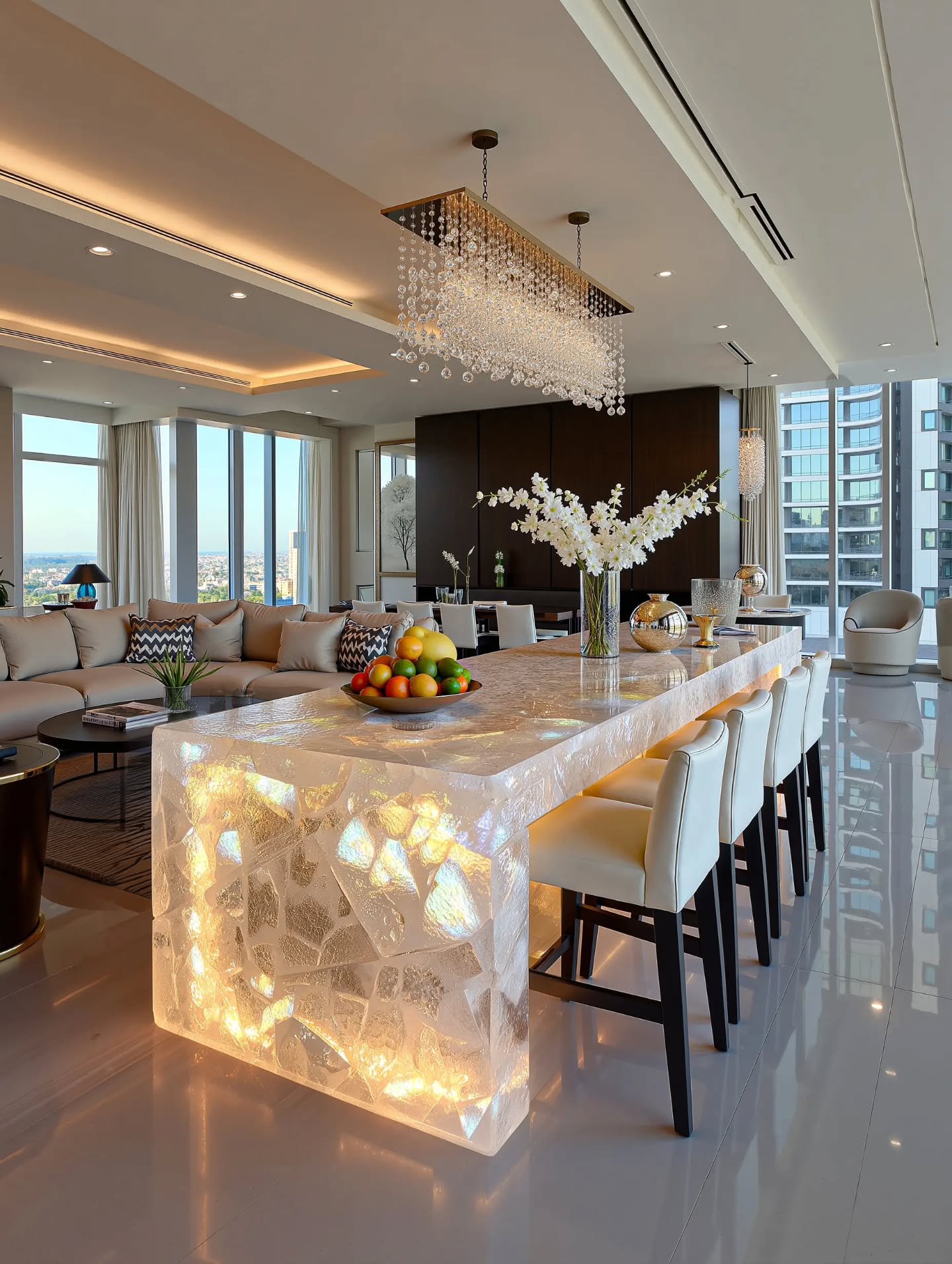 Rectangular crystal drop chandelier hanging over an internally lit stone dining bar.