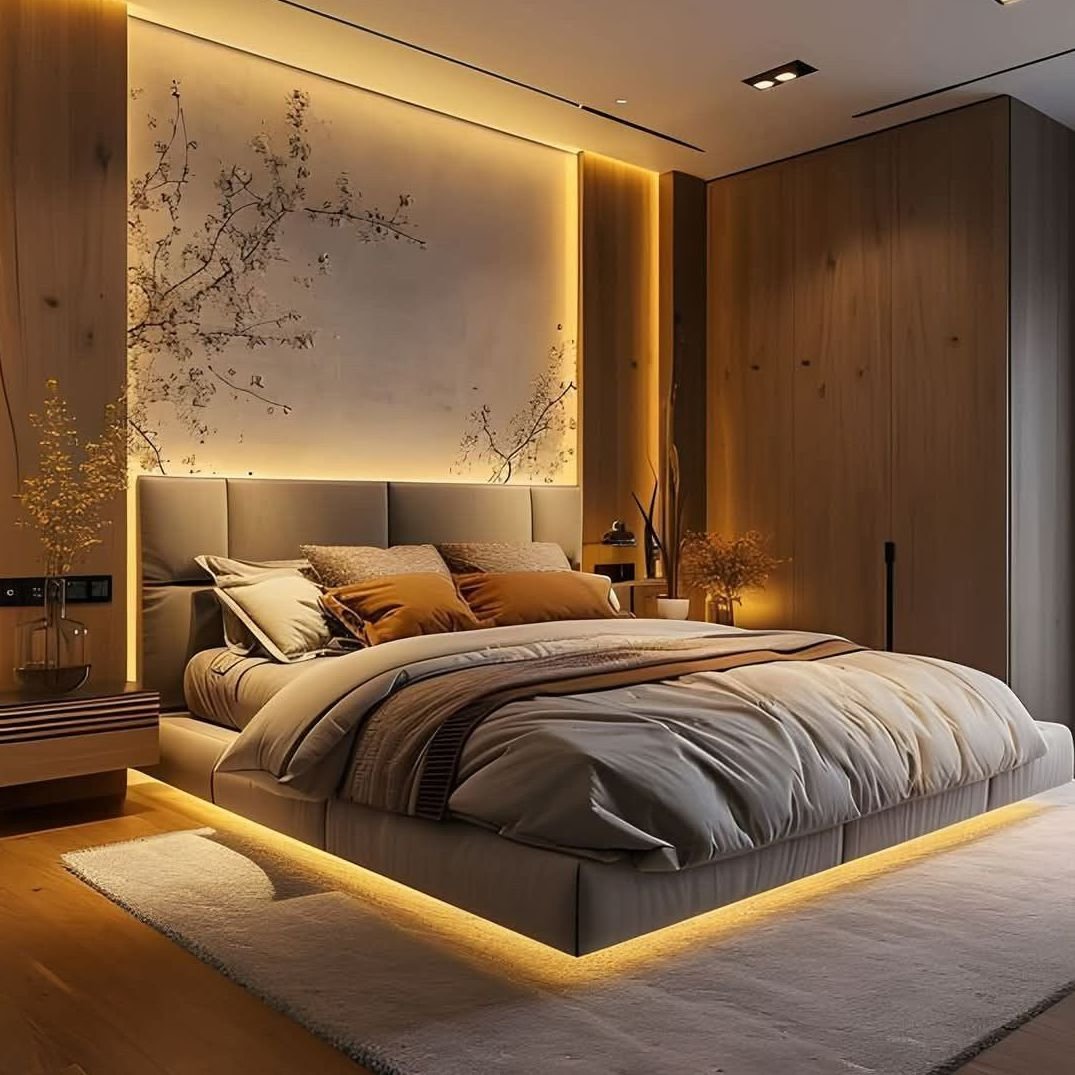 Bedroom featuring a backlit floral wall mural framed by warm LED strips and under-bed lighting.
