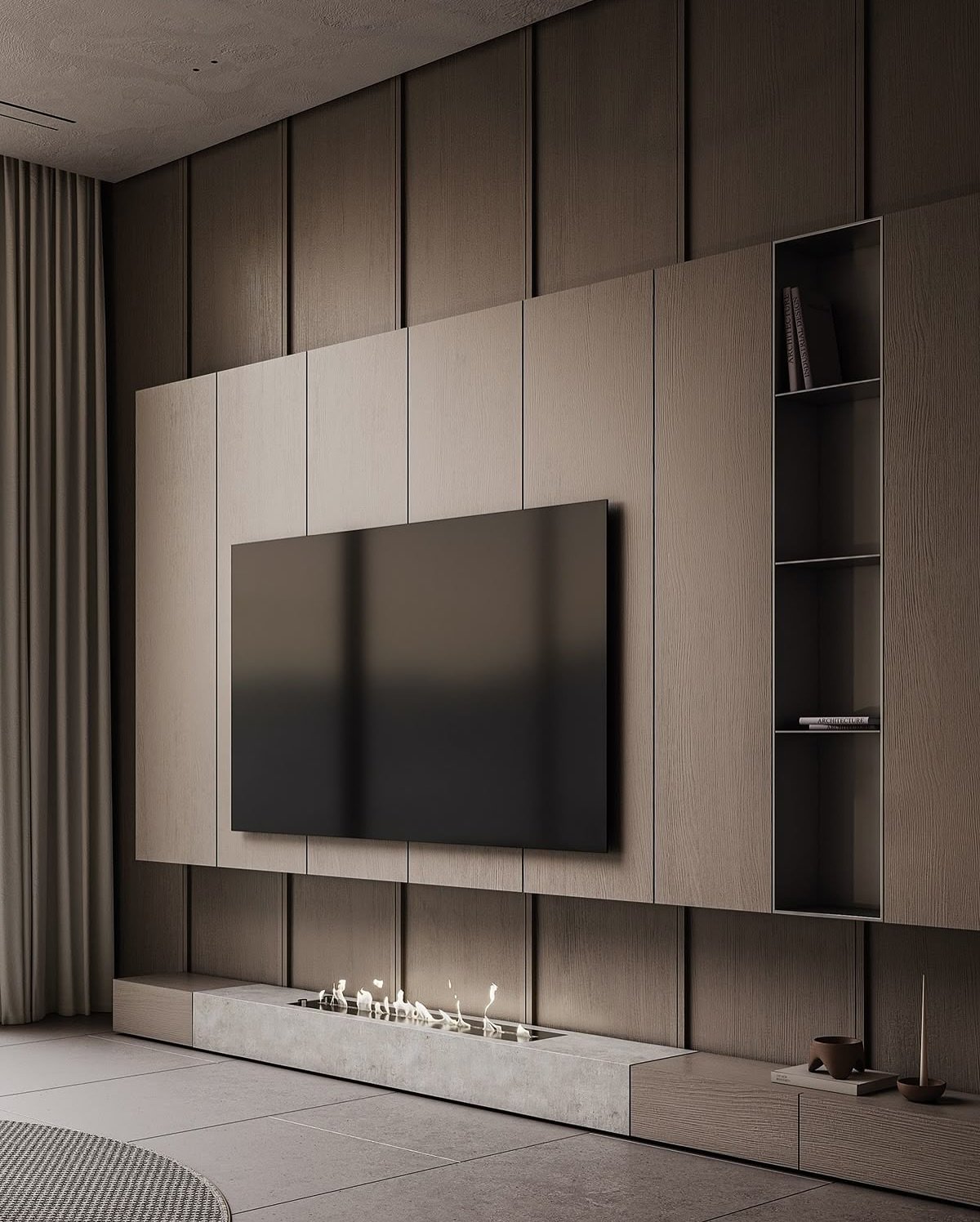 Floating greige wood panel TV wall with vertical shelving and concrete hearth.