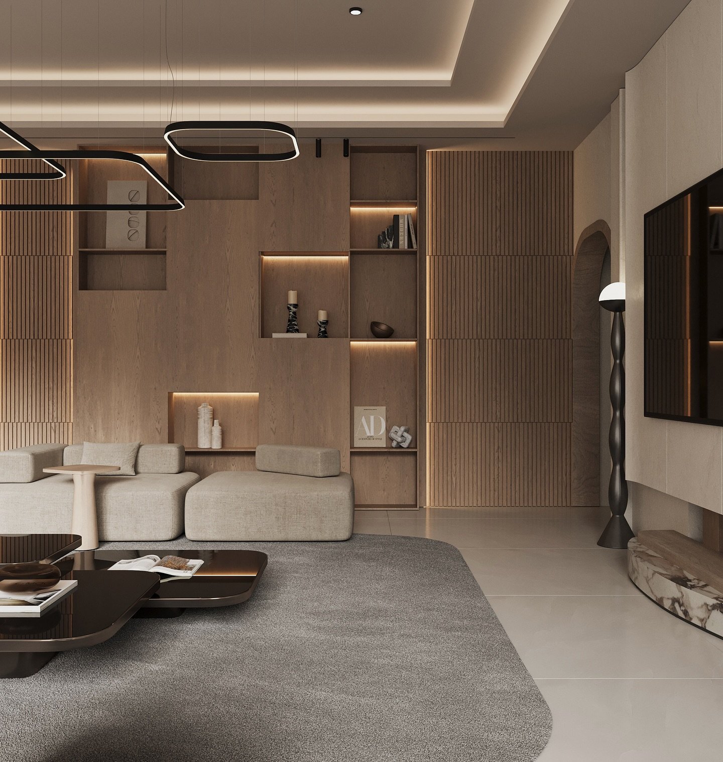 Large wooden living room wall featuring vertical slats and illuminated recessed shelving.