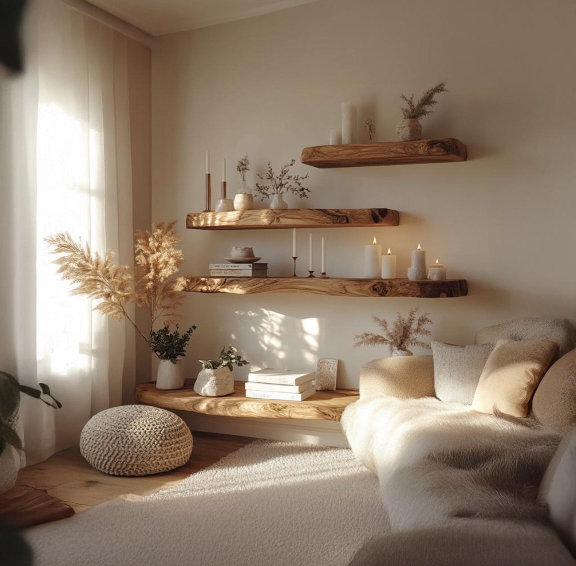 Asymmetrical floating wooden shelves with candles and dried grass on a beige wall