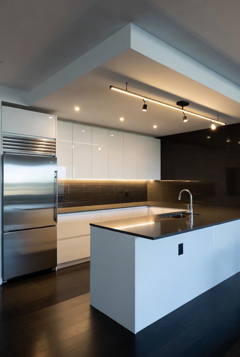 Black and white kitchen featuring overhead track lighting and under-cabinet LED strips.