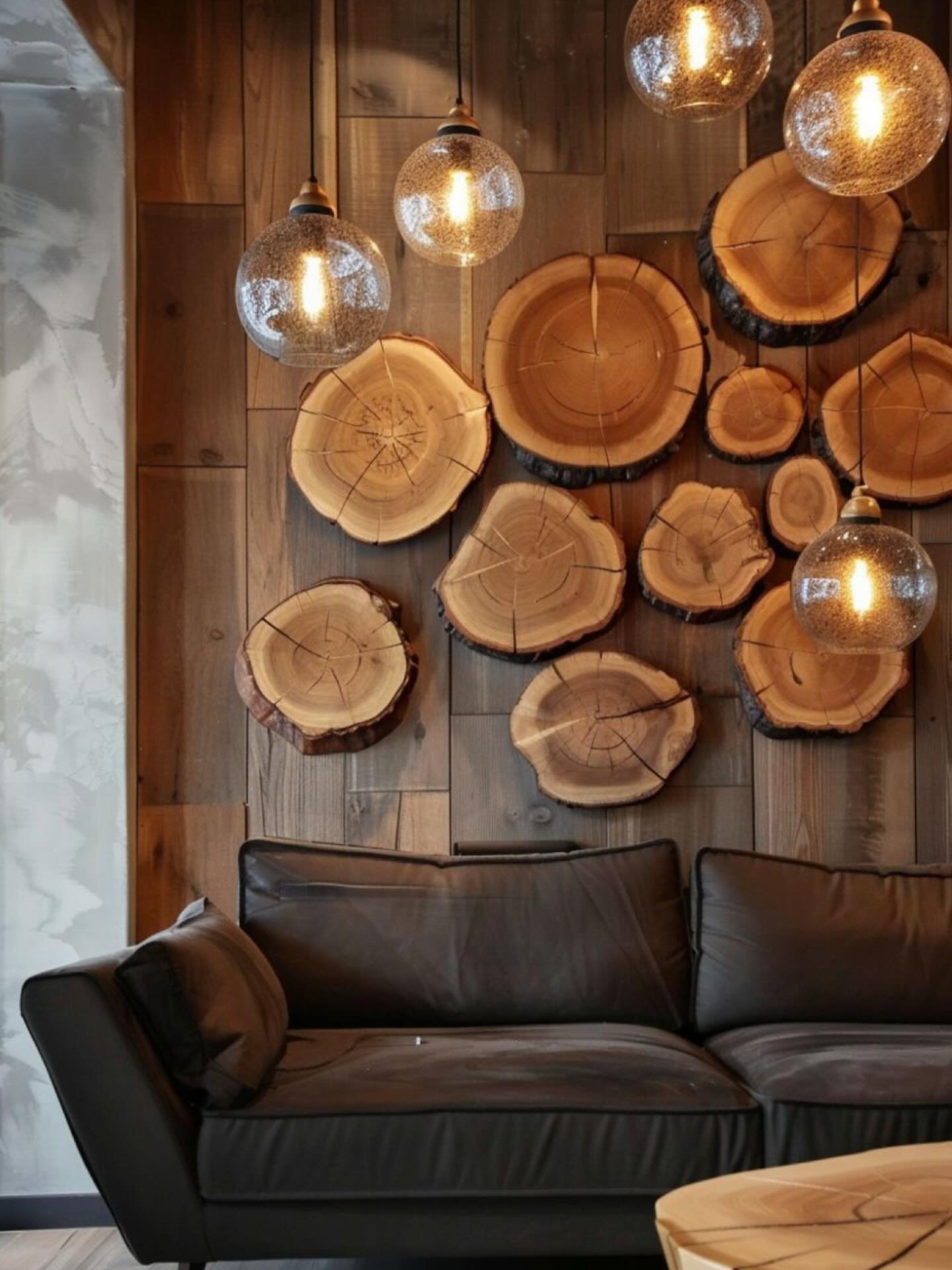 Cluster of round tree trunk slices mounted on a wooden paneled wall behind a dark sofa with hanging glass lights
