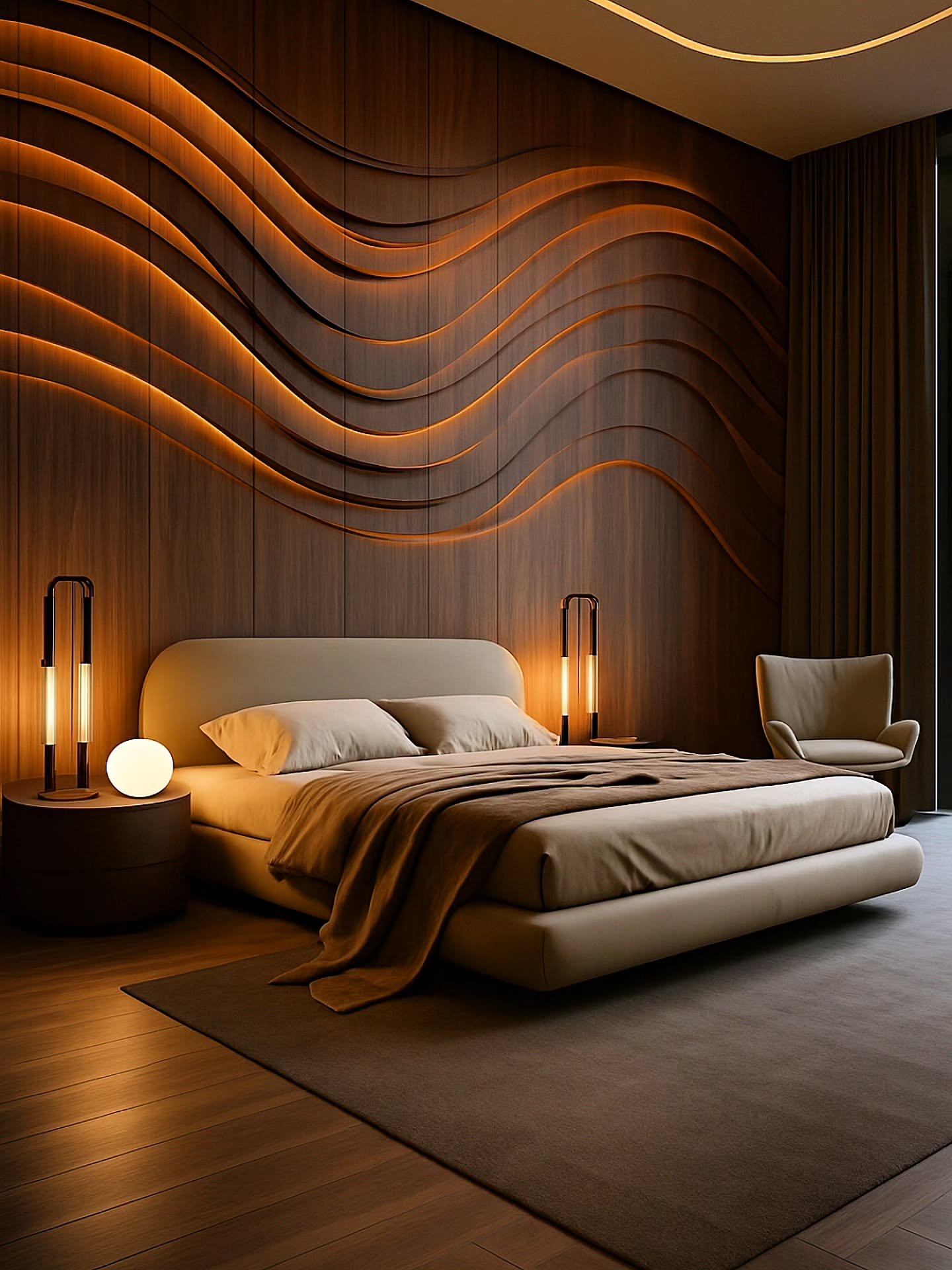 Bedroom featuring a dark wood accent wall with 3D wave patterns illuminated by hidden warm orange LED strips.