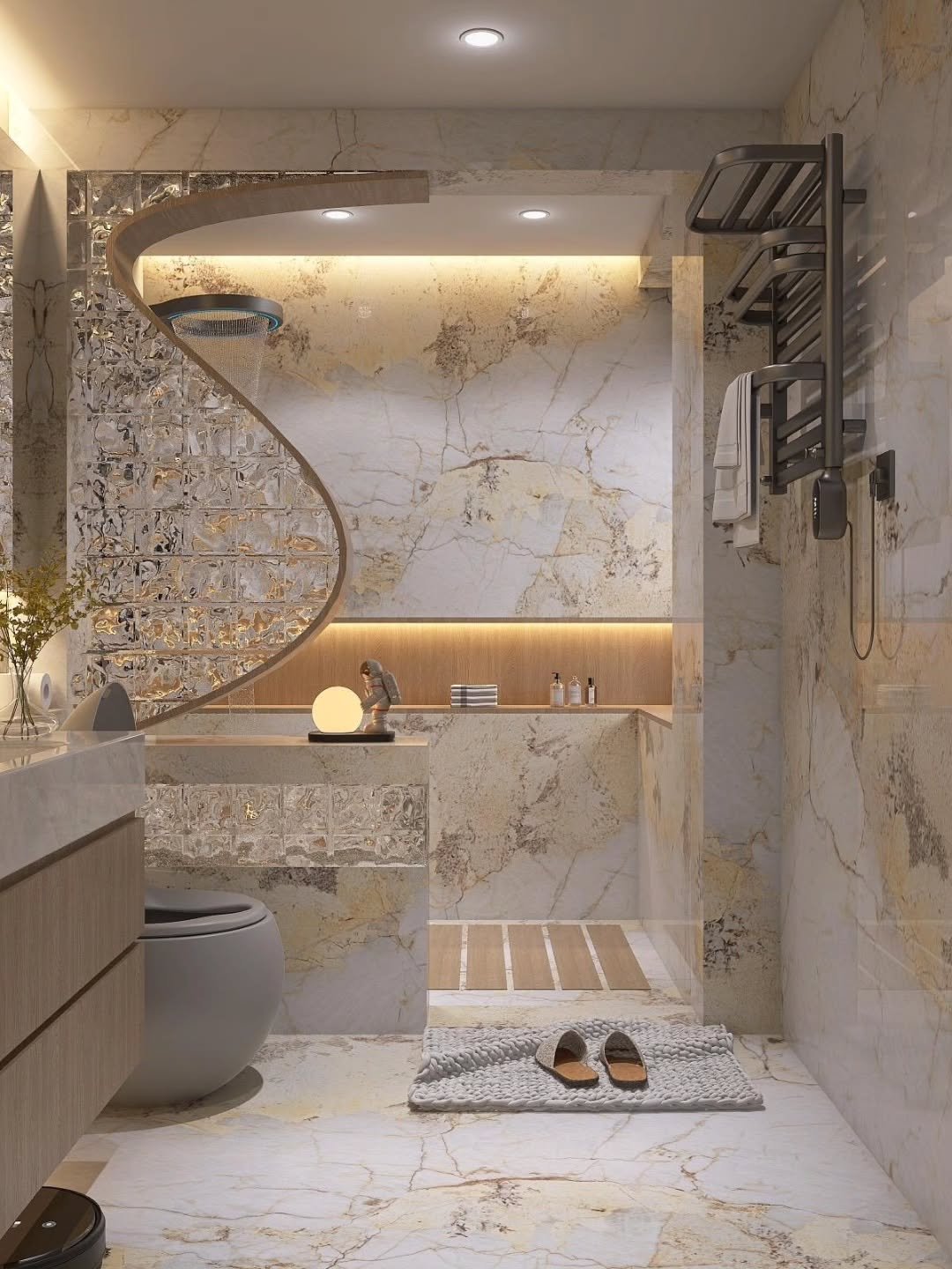 Luxurious marble bathroom featuring curved glass block wall with hidden ceiling cove lighting and warm shelf glow