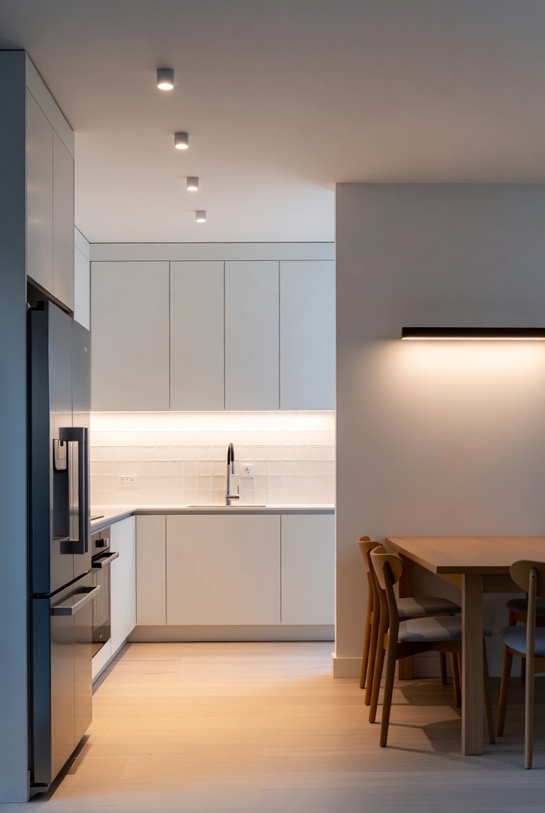 Minimalist white kitchen featuring cylindrical ceiling lights and a linear black wall sconce in the dining area.