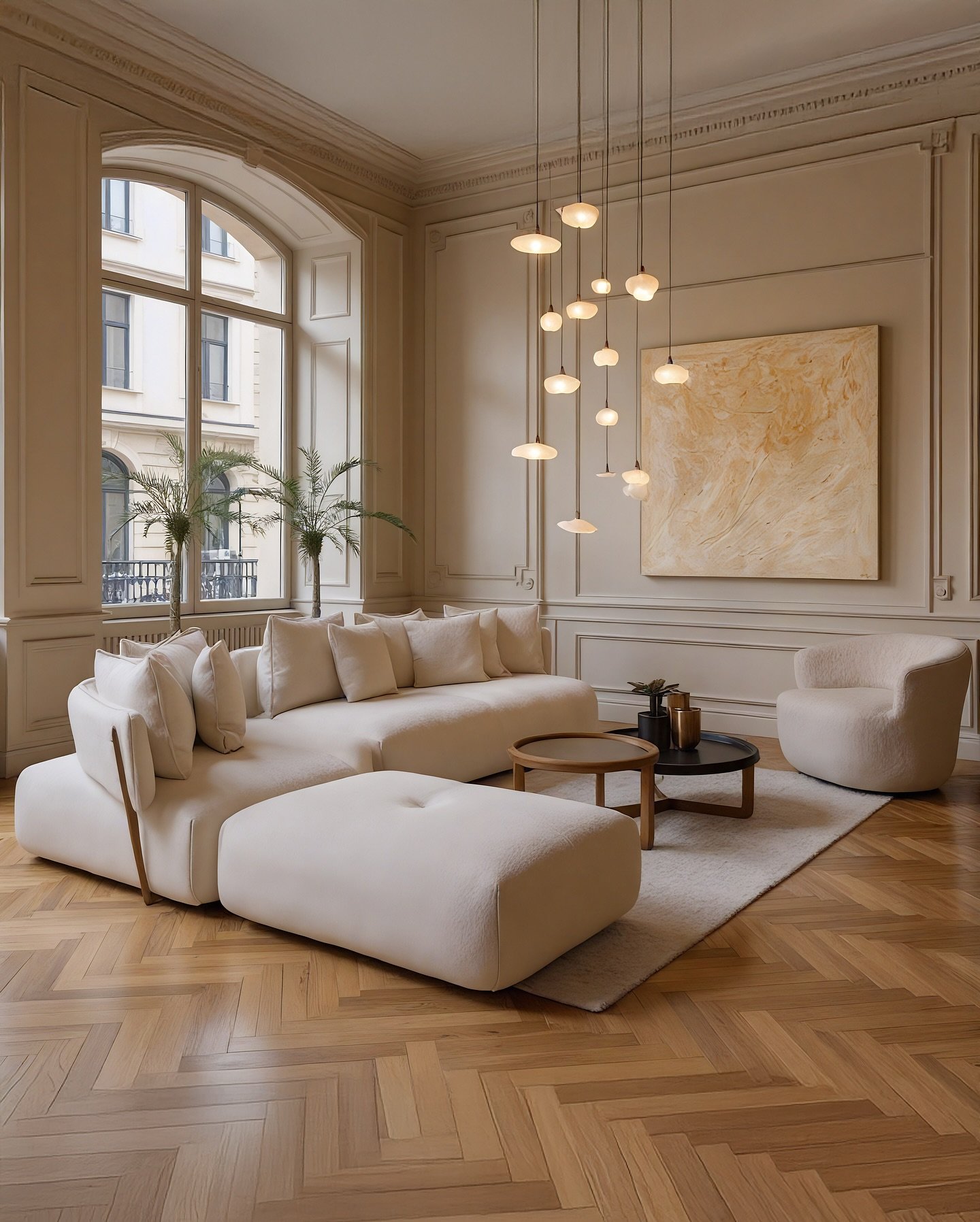 Beige living room featuring classic wall molding and large textured abstract painting.