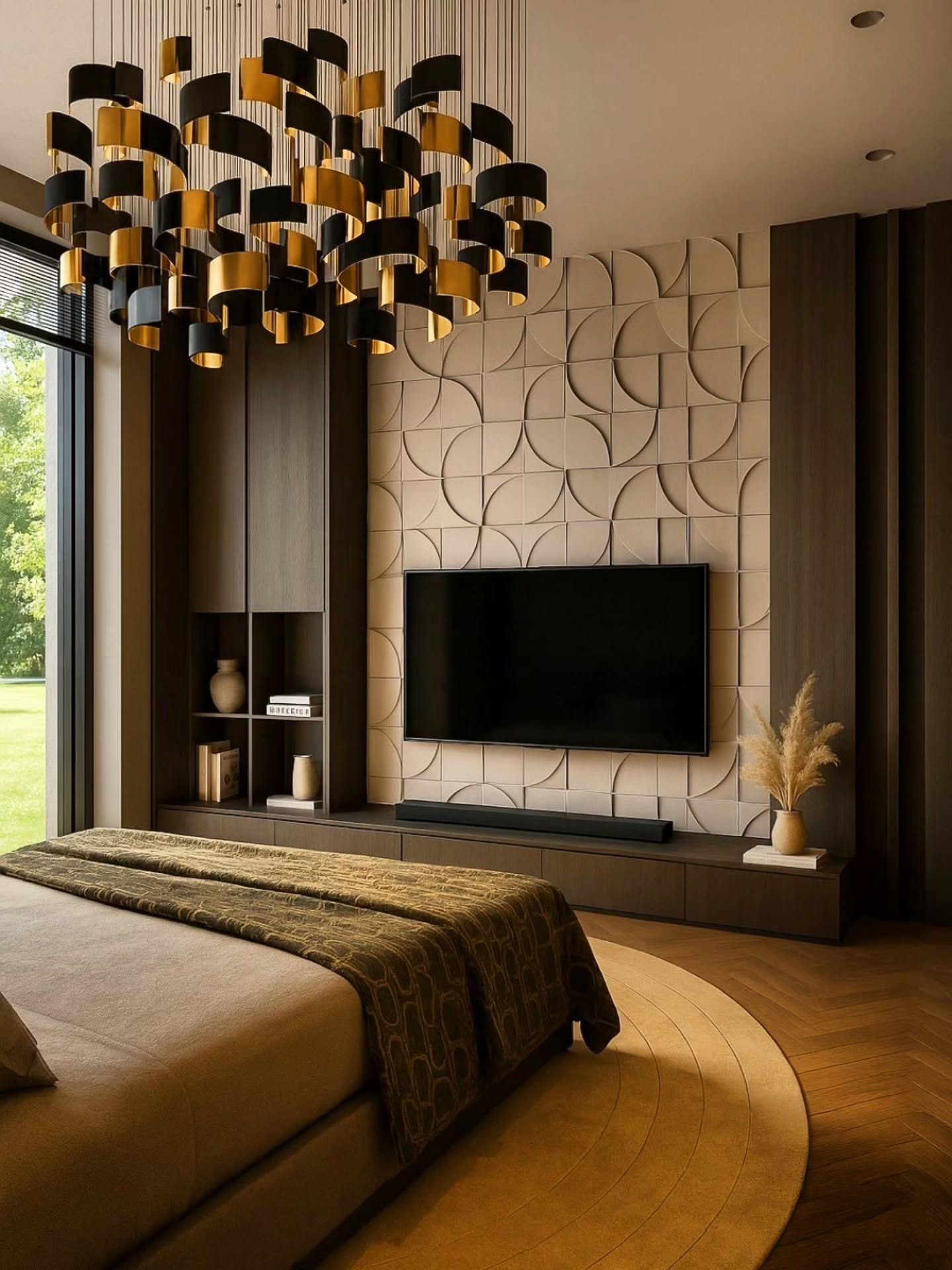 Beige 3D tile TV wall with quarter-circle patterns and dark wood shelving.