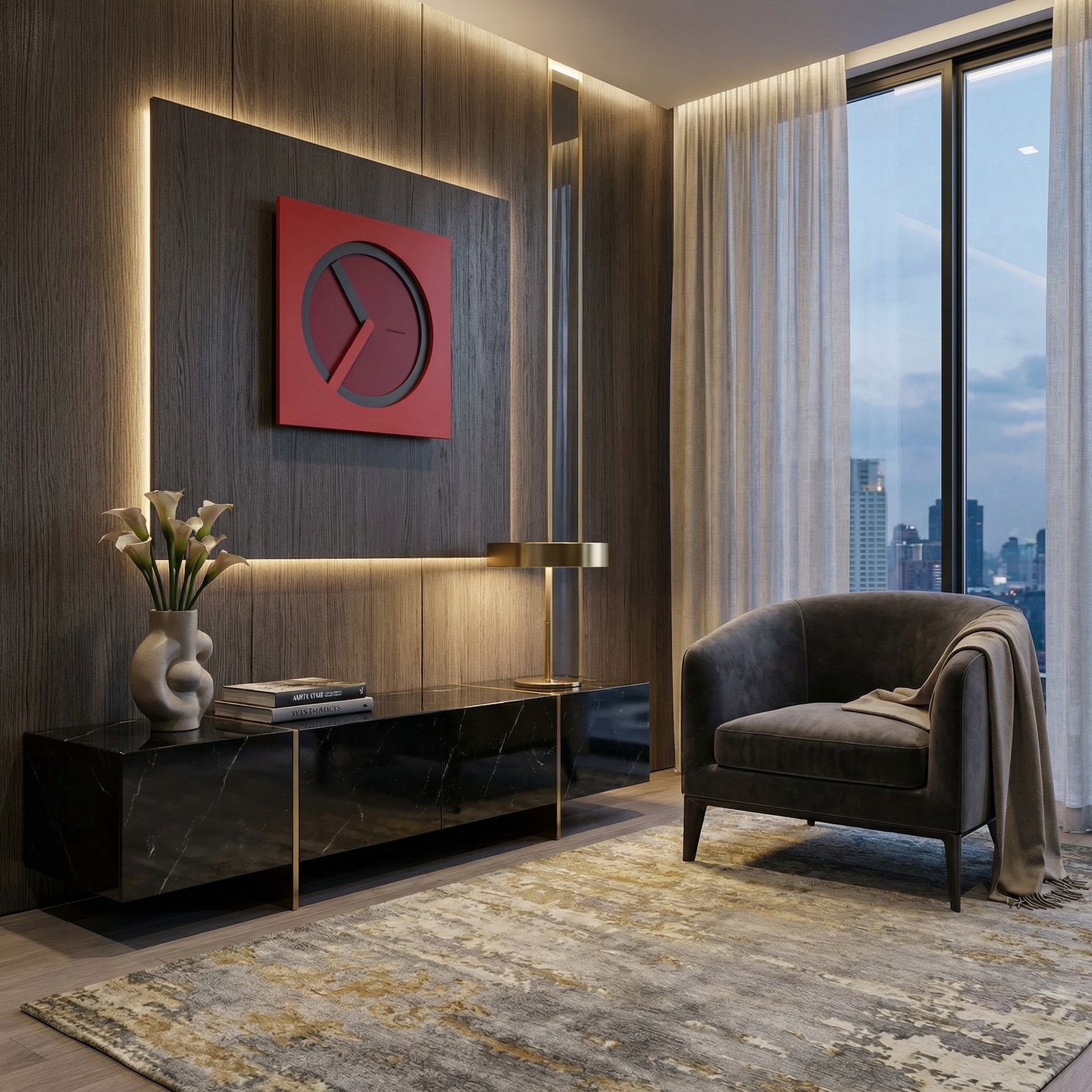 Square red modern wall clock mounted on a backlit dark wood accent wall in a luxury living room