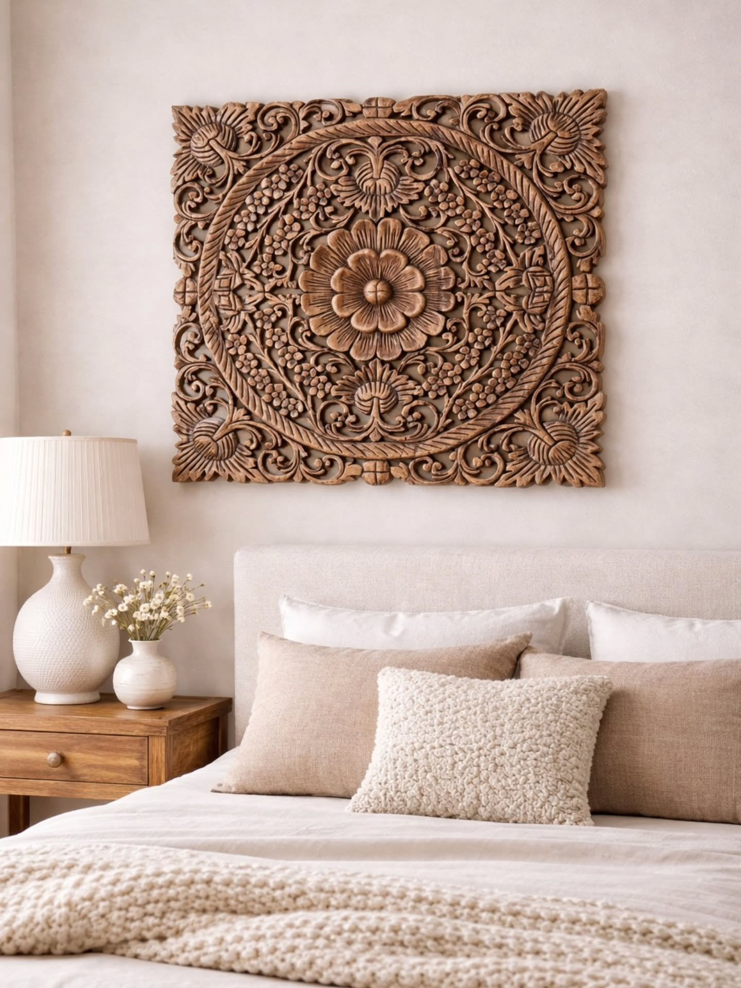 Large square wooden mandala wall art hanging above a beige bed with a white lamp