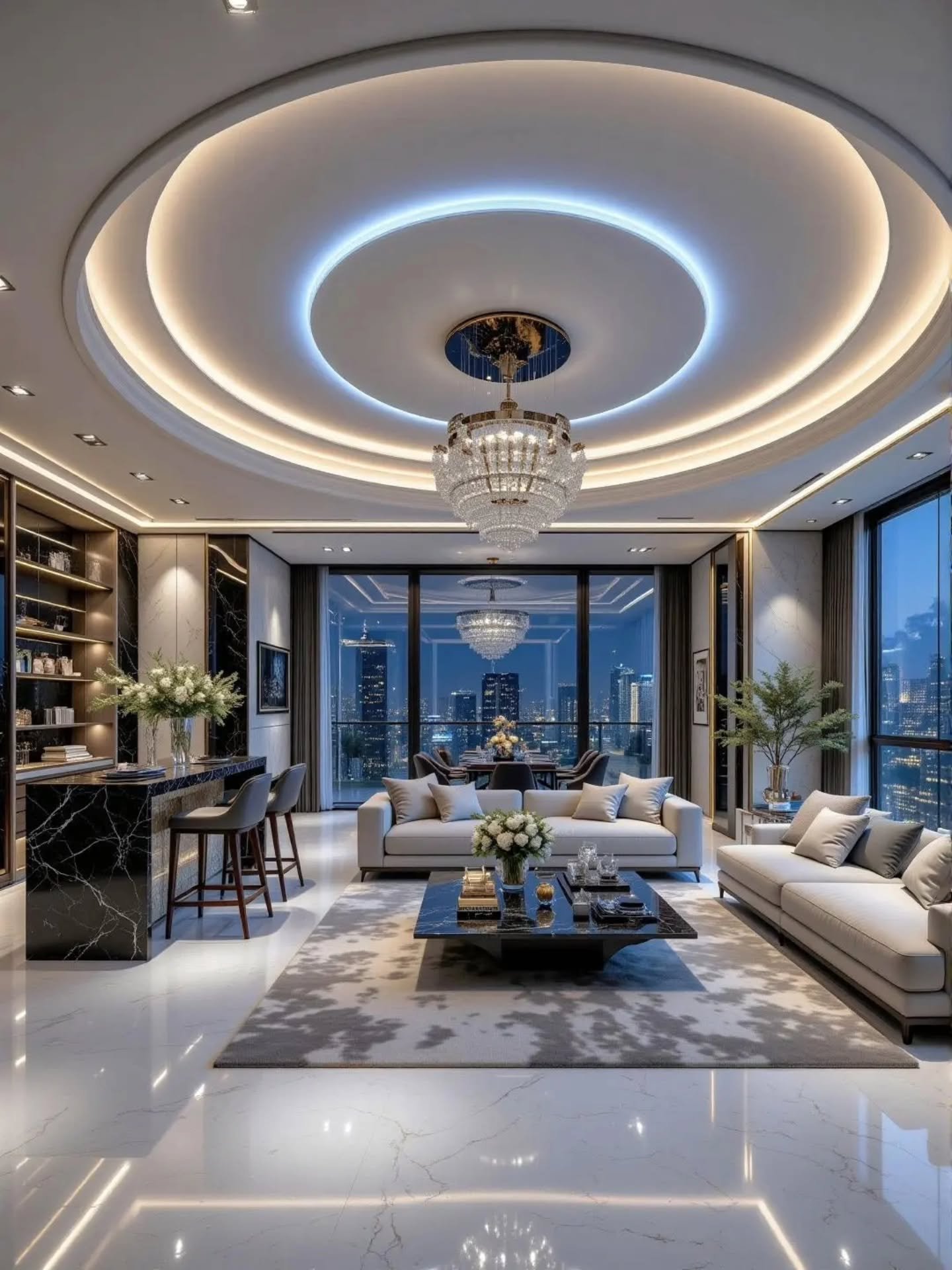 Luxurious modern living room featuring a multi-tiered circular tray ceiling with blue cove lighting and a crystal chandelier.