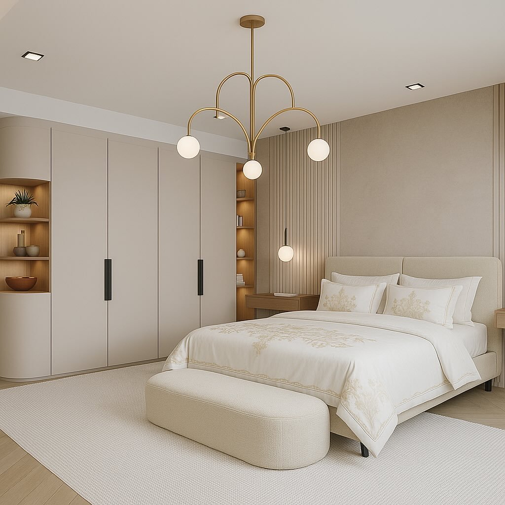 Beige bedroom featuring a gold curved chandelier, vertical slat accent wall, and backlit shelving.