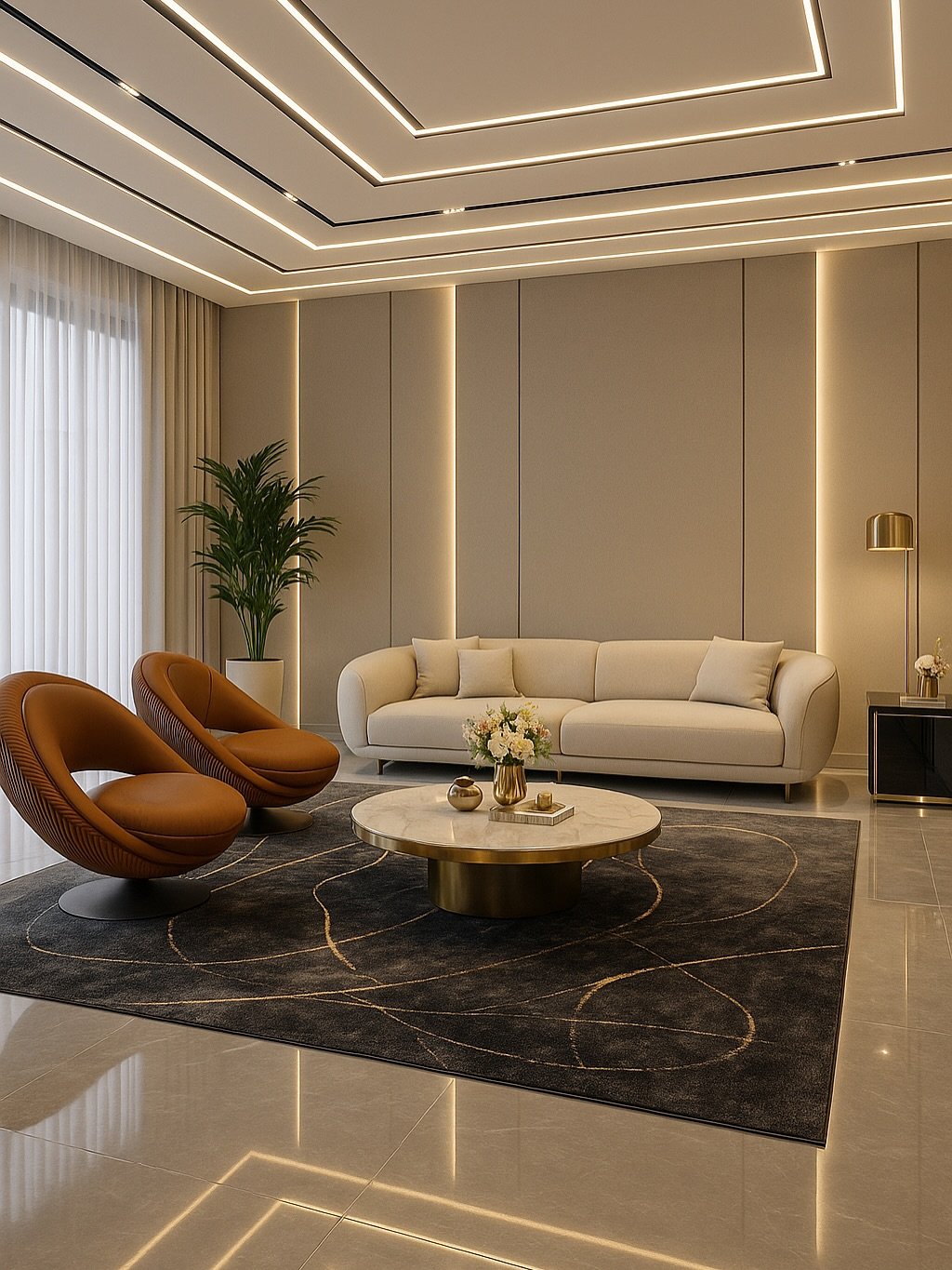 Modern beige living room featuring a paneled accent wall with embedded vertical LED strips behind a curved cream sofa.