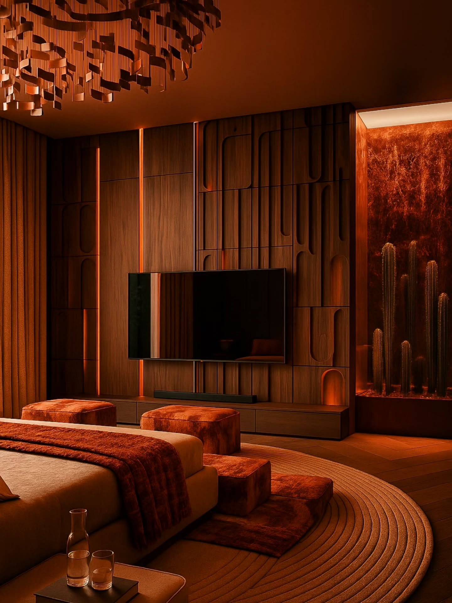 Dark wood TV wall with abstract curved carvings and warm orange mood lighting.