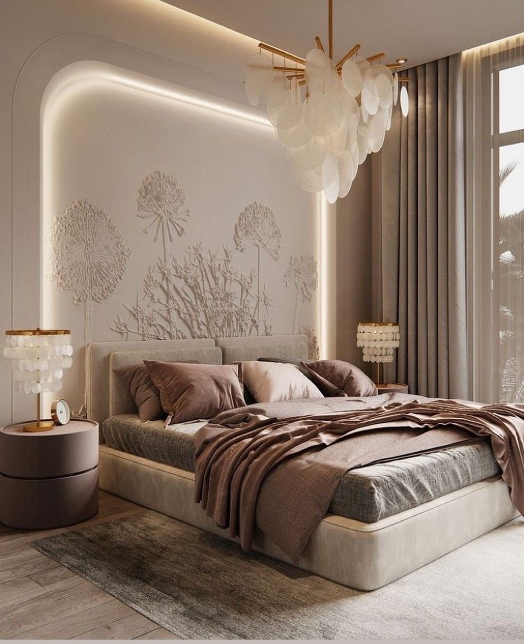 Bedroom accent wall featuring an illuminated white arch framing textured floral bas-relief art.
