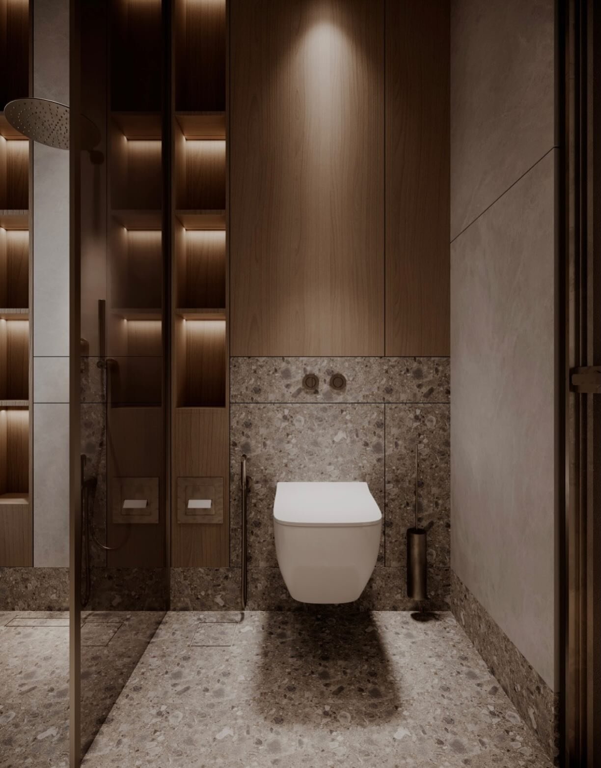 Moody bathroom with wood and terrazzo accent wall featuring recessed spotlight and illuminated shelving