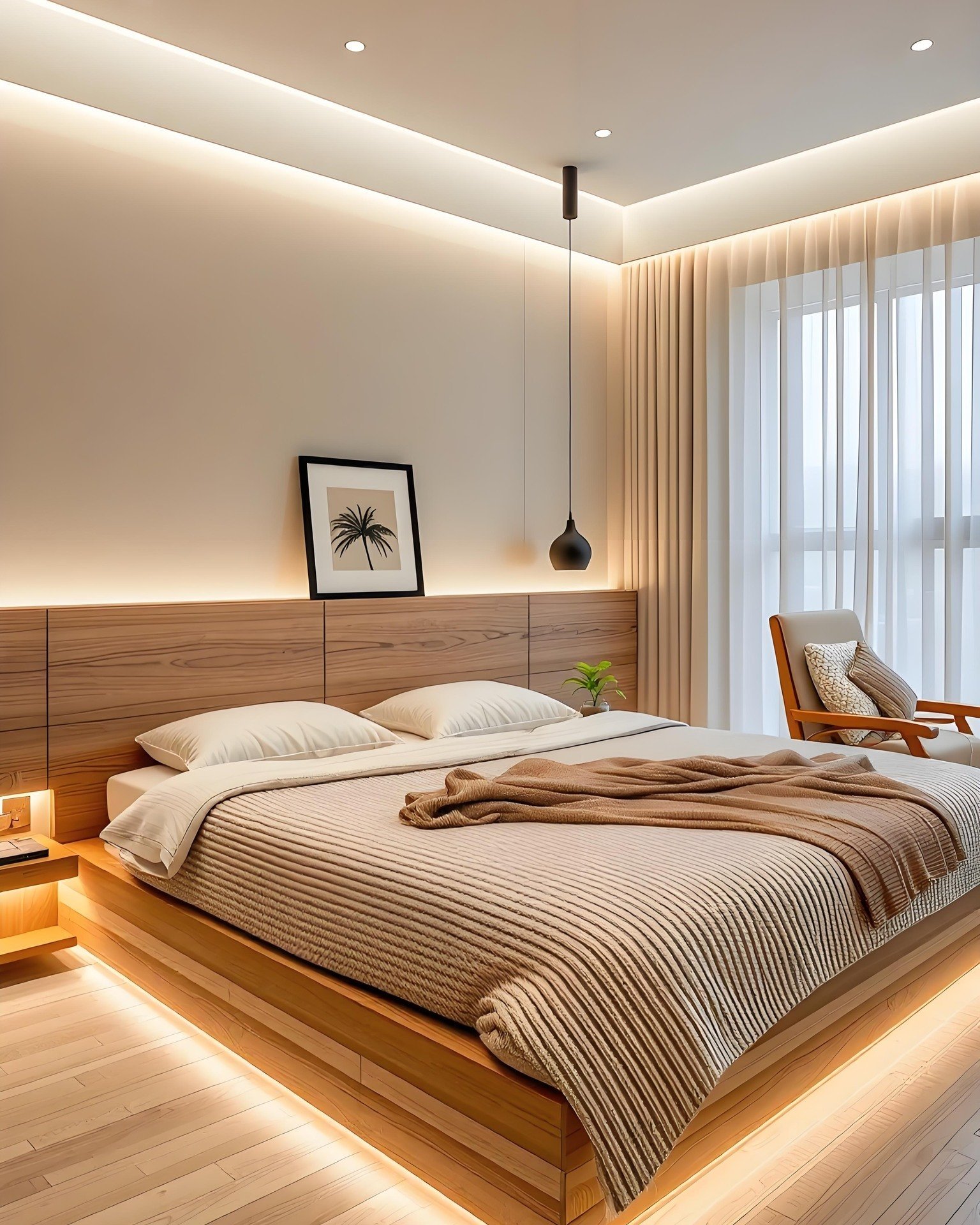 Minimalist bedroom featuring a backlit wooden headboard and a floating platform bed with under-lighting.